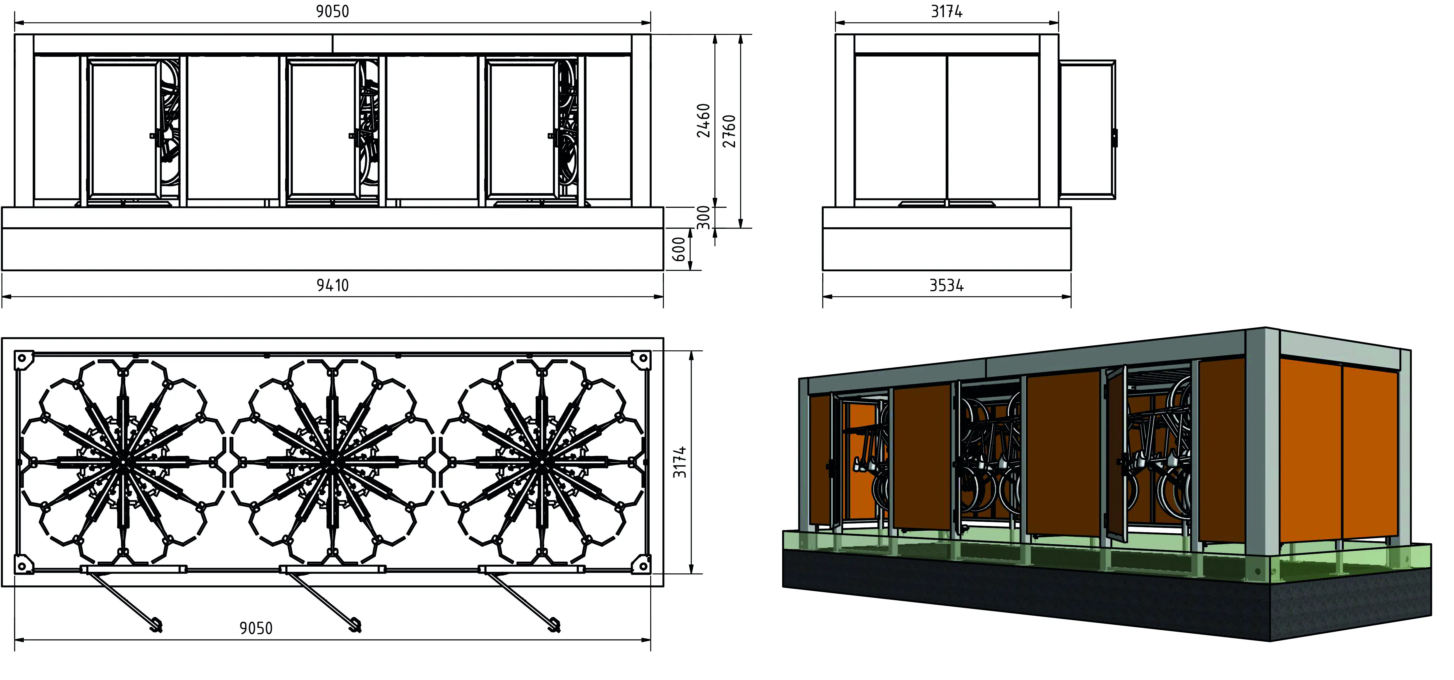 KUBUS 317 Konfiguration 3174×9050mm – 36 Stellplätze mit Vertica Spin